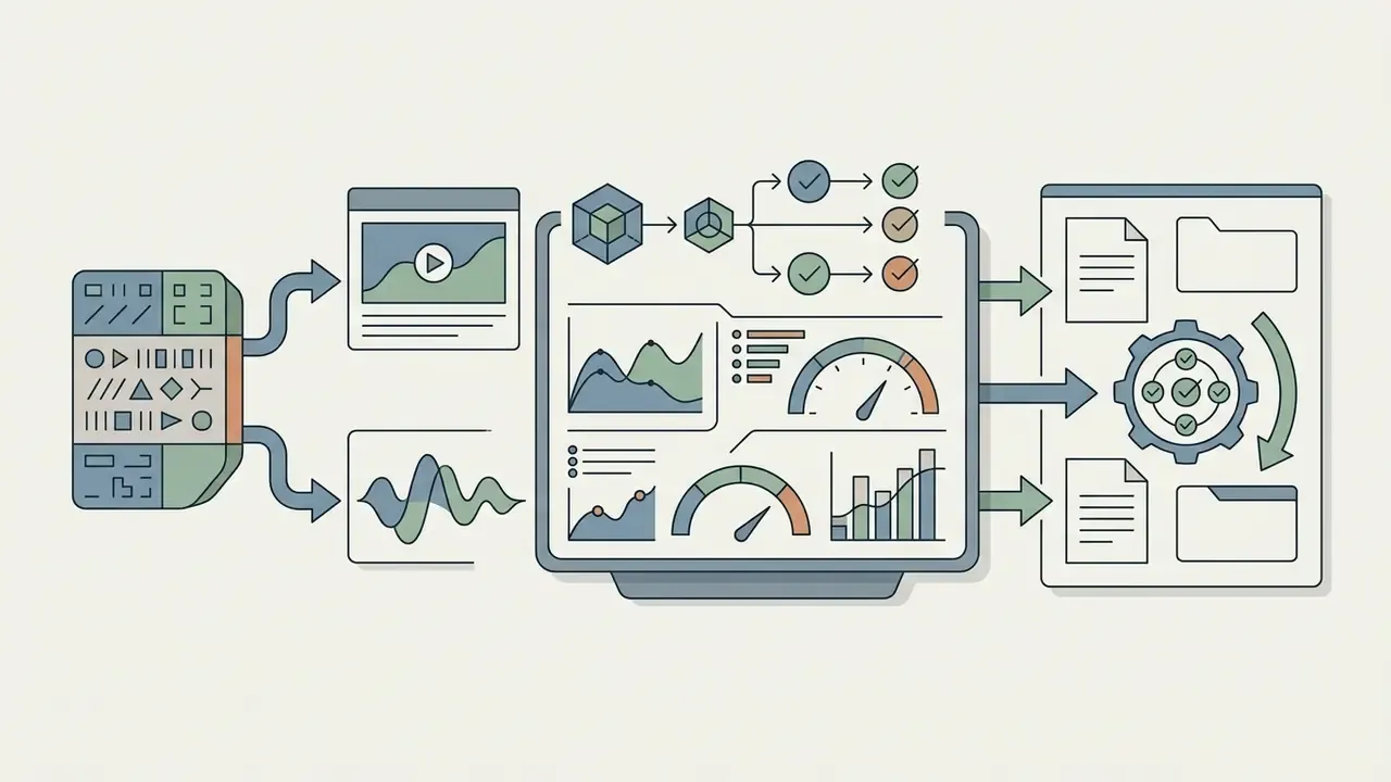Data processing pipeline showing media inputs analyzed by performance metrics and quality gauges