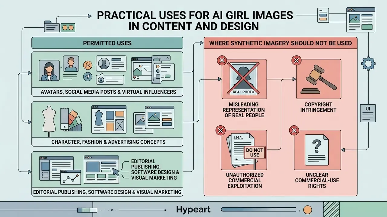 Summary of permitted and prohibited applications for synthetic AI girl images in professional design workflows