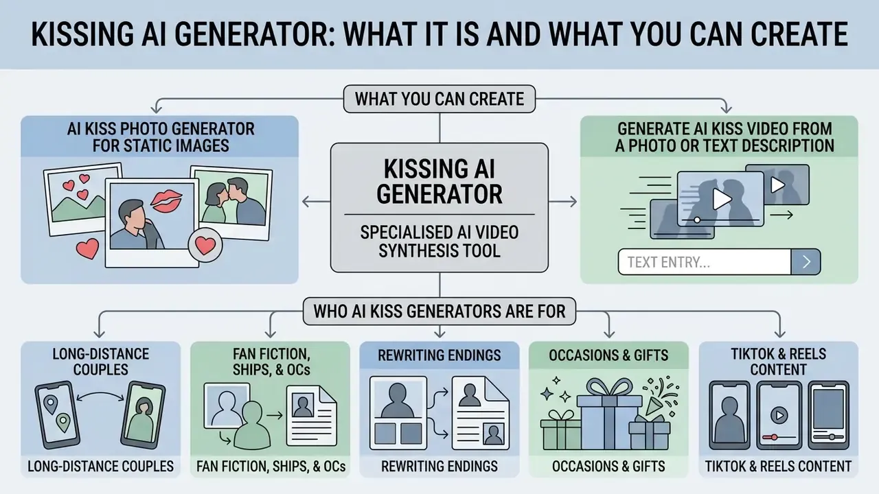 Flowchart outlining the uses and capabilities of a kissing AI generator for various creative projects