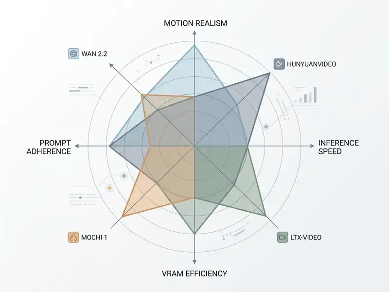 Radar chart comparing Wan 2.2, HunyuanVideo, LTX-Video, and Mochi 1 across four performance metrics