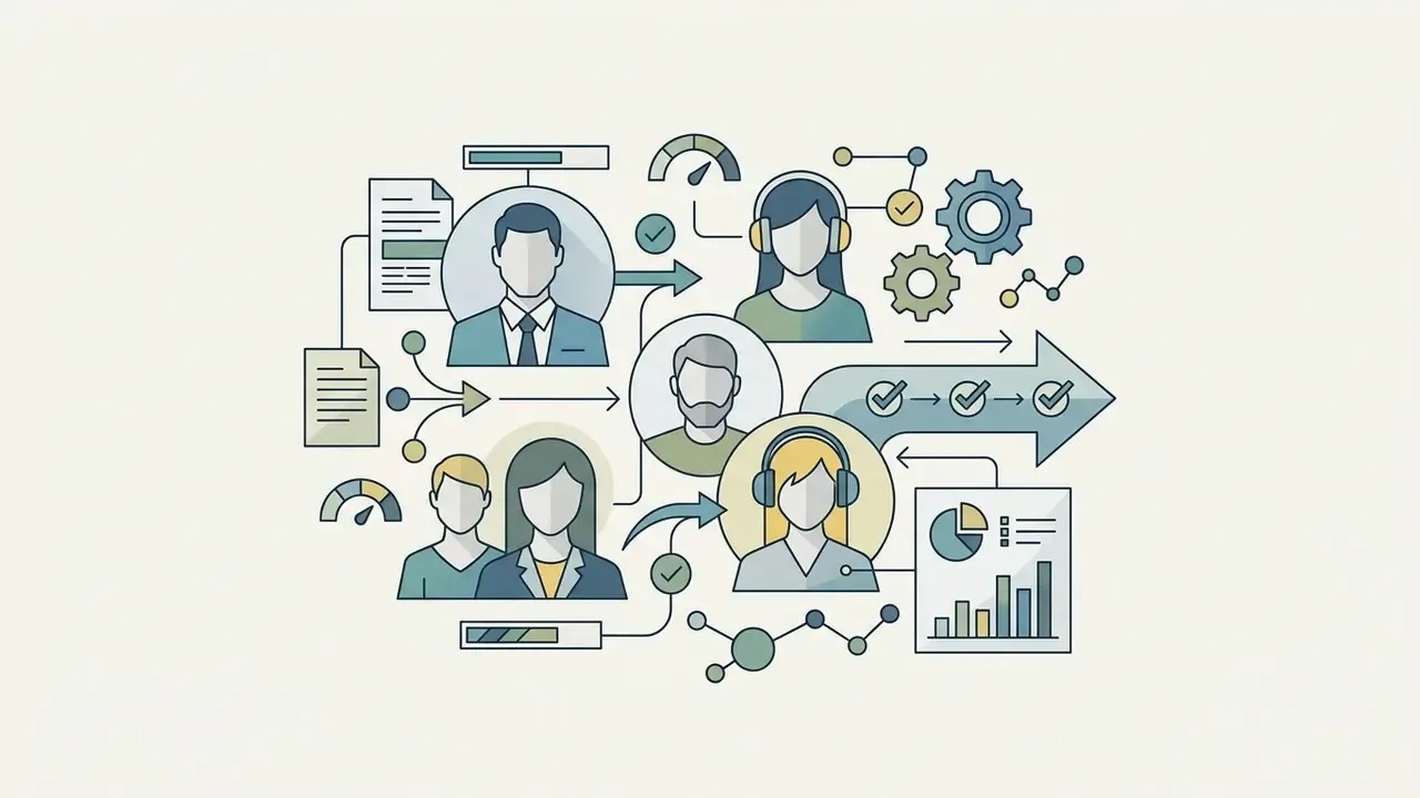 Network of professional avatars connected to data documents, gears, and a progress arrow with checkmarks
