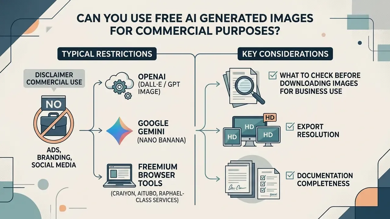 Comparison chart outlining commercial usage restrictions and key business considerations for AI images