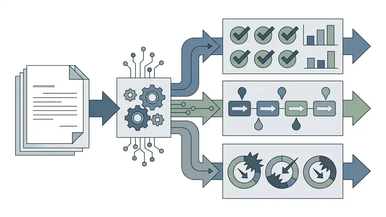 Legal documents flowing into an AI processing unit to generate checklists, event timelines, and analytics