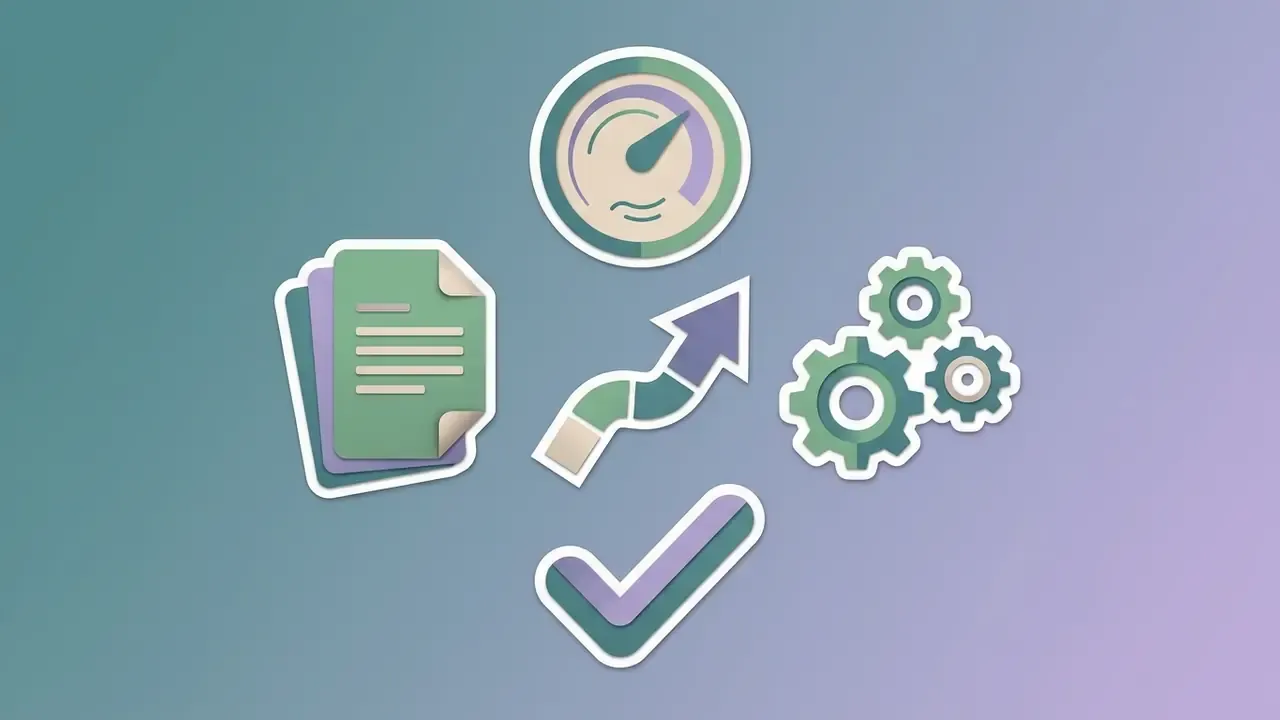 Sticker-style icons including a document, speedometer, upward arrow, gears, and a checkmark on a gradient