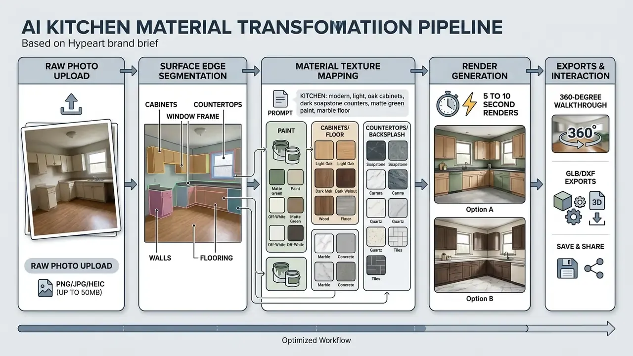Sequential process diagram showing the transformation of kitchen photos into rendered interior designs