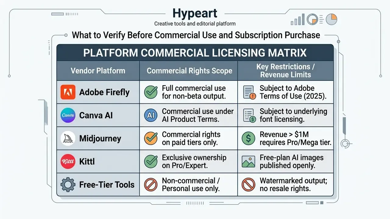 Table comparing commercial licensing rights and restrictions for five popular AI design platforms