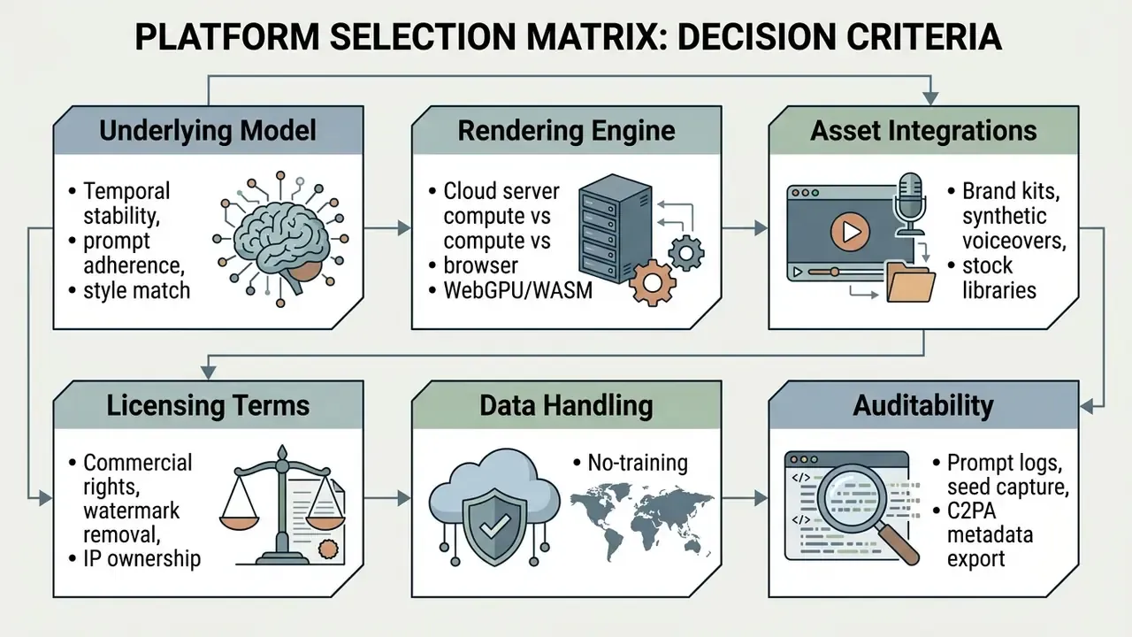 Decision matrix flowchart outlining key criteria for evaluating video production software platforms
