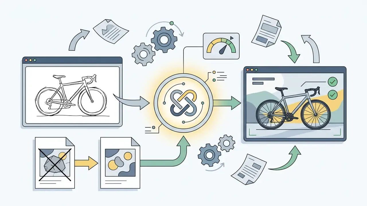 Software windows showing a line drawing being transformed into a finished bicycle render