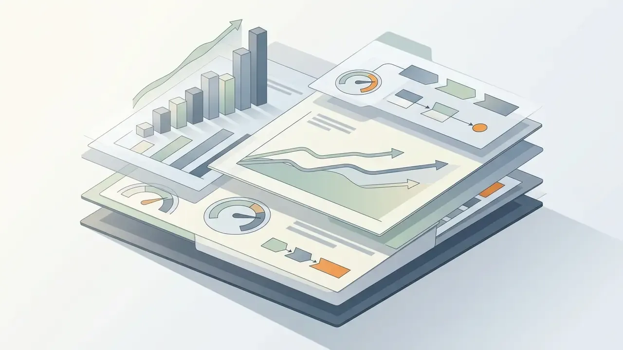 Stacked layers of financial charts and process maps showing growth trends and performance gauges