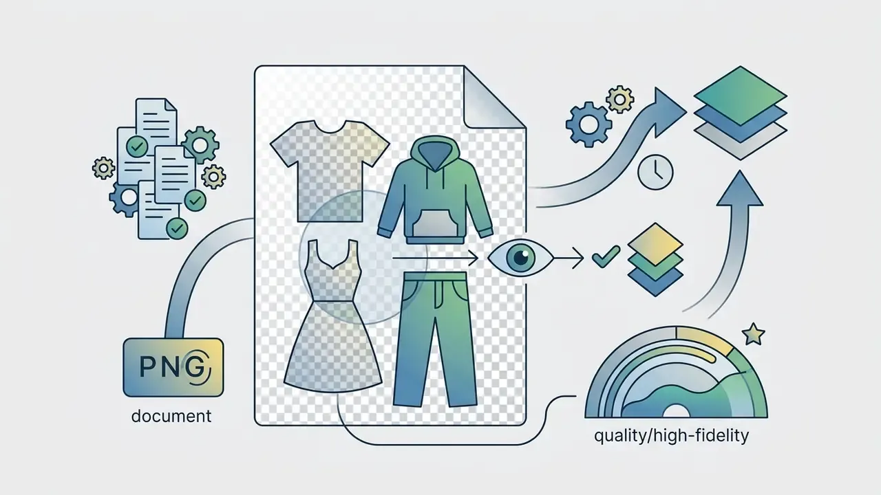 Garment designs on a transparent file being reviewed and processed into layered assets and quality metrics