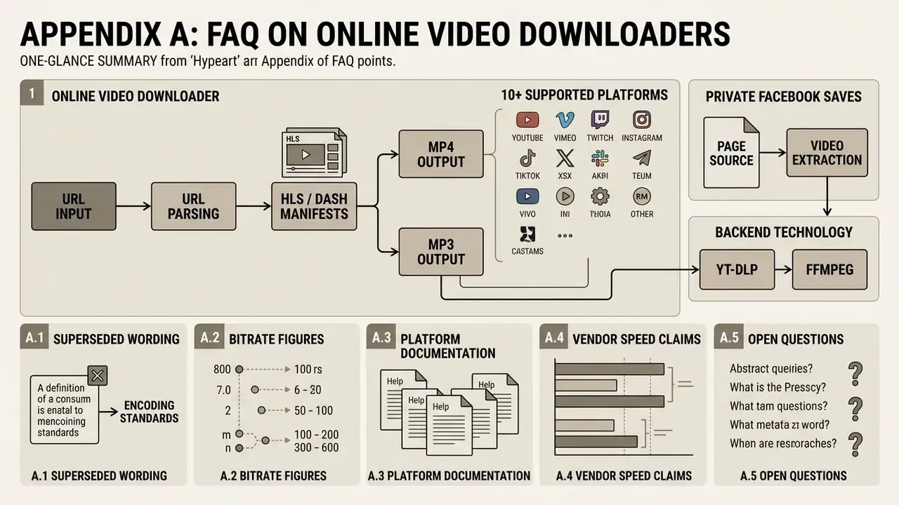 Summary infographic detailing media processing workflows and technical FAQs regarding encoding standards