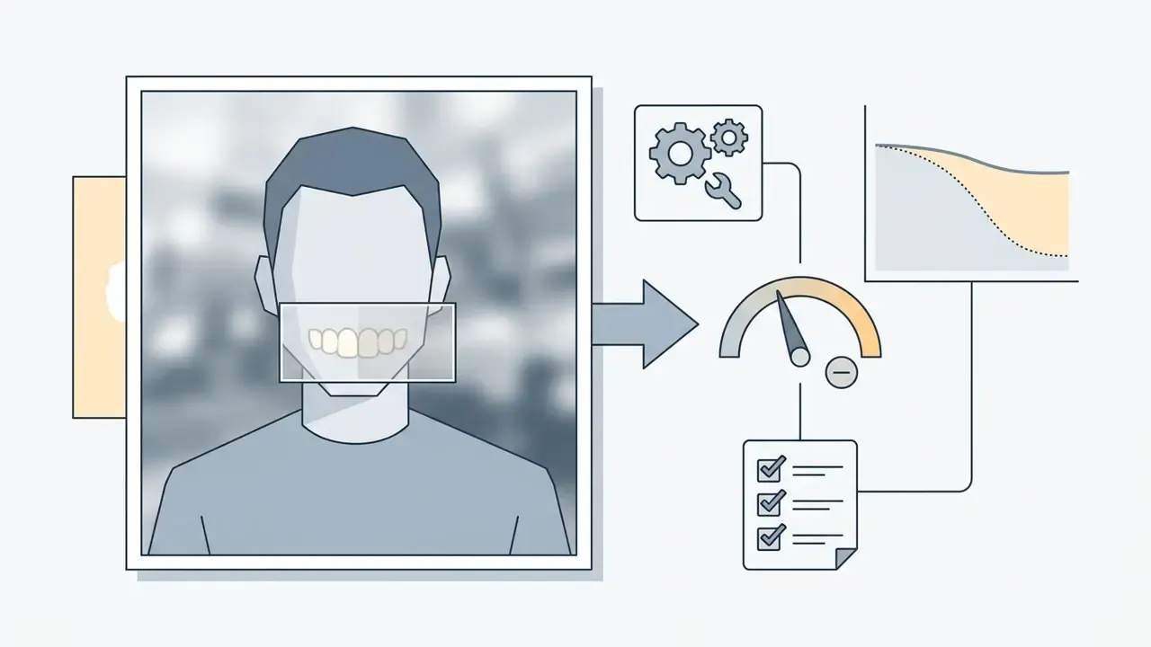Portrait with a highlighted mouth area connecting to a gauge and a checklist indicating adjustment levels
