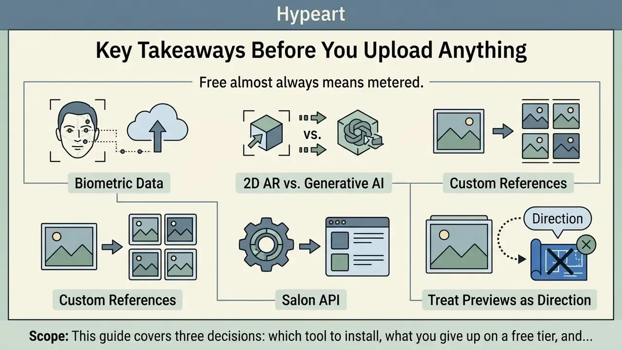 Infographic showing considerations for using a free hairstyle app including biometric data and AI tools
