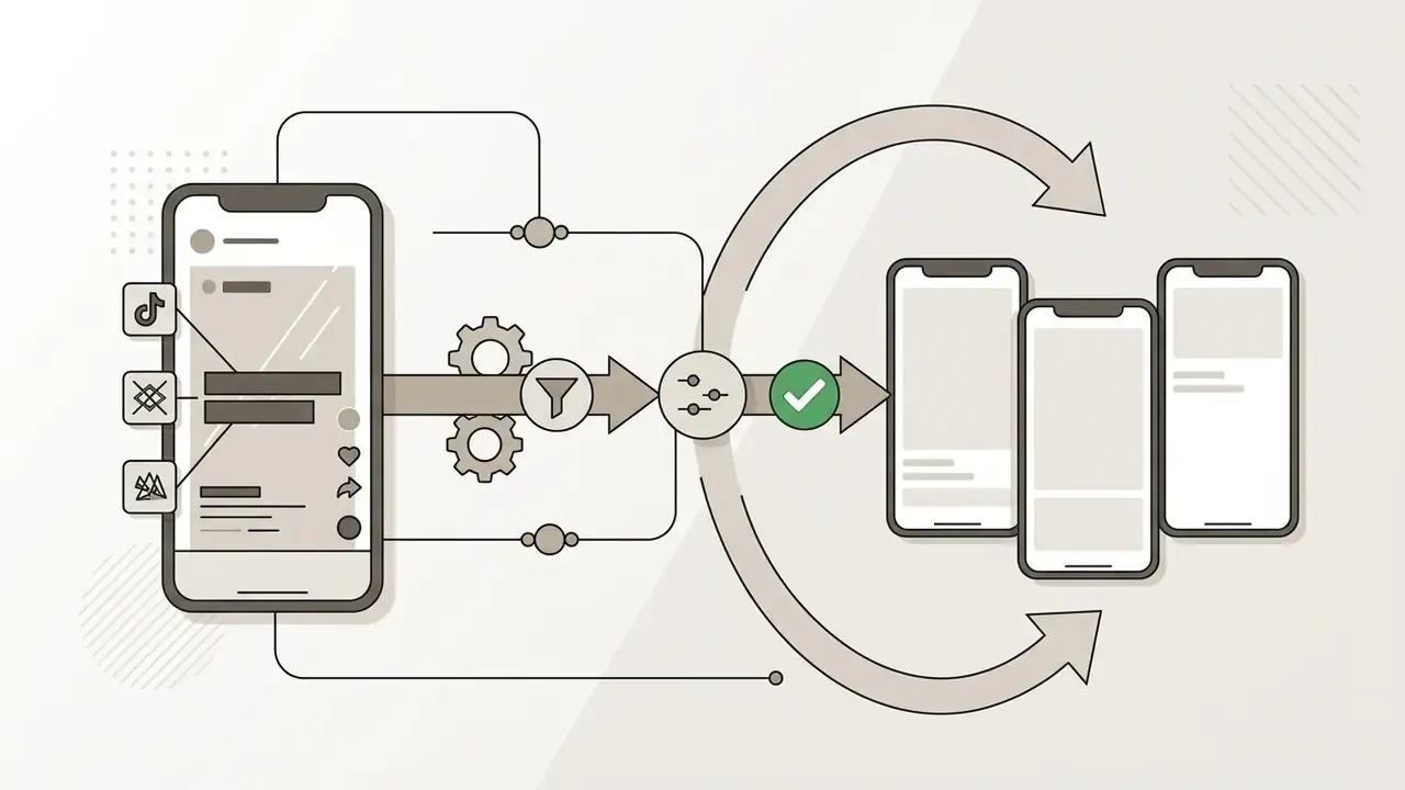 Smartphone app interface processing watermarked video clips into clean versions for social media