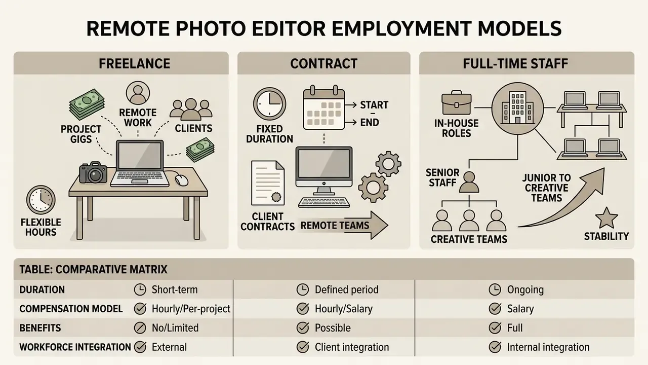 Diagram comparing freelance, contract, and full-time staff structures for remote photo editor jobs
