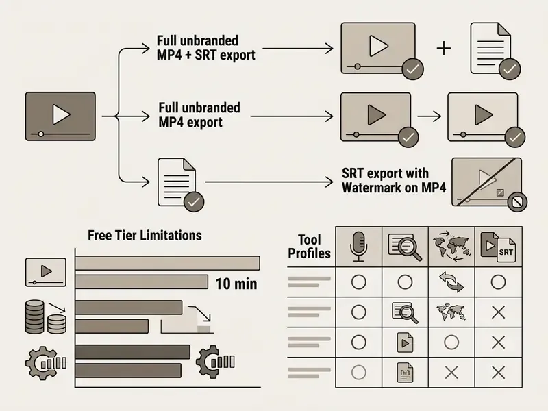 Visual breakdown of export workflows, free tier usage limits, and feature sets for subtitle tools