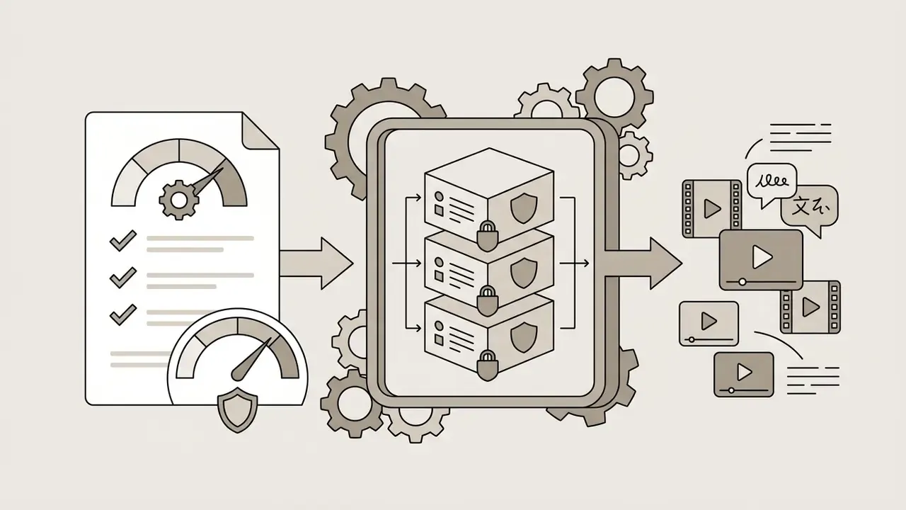 Process flow showing compliance checklists and gauges feeding into secure servers to generate multilingual video assets