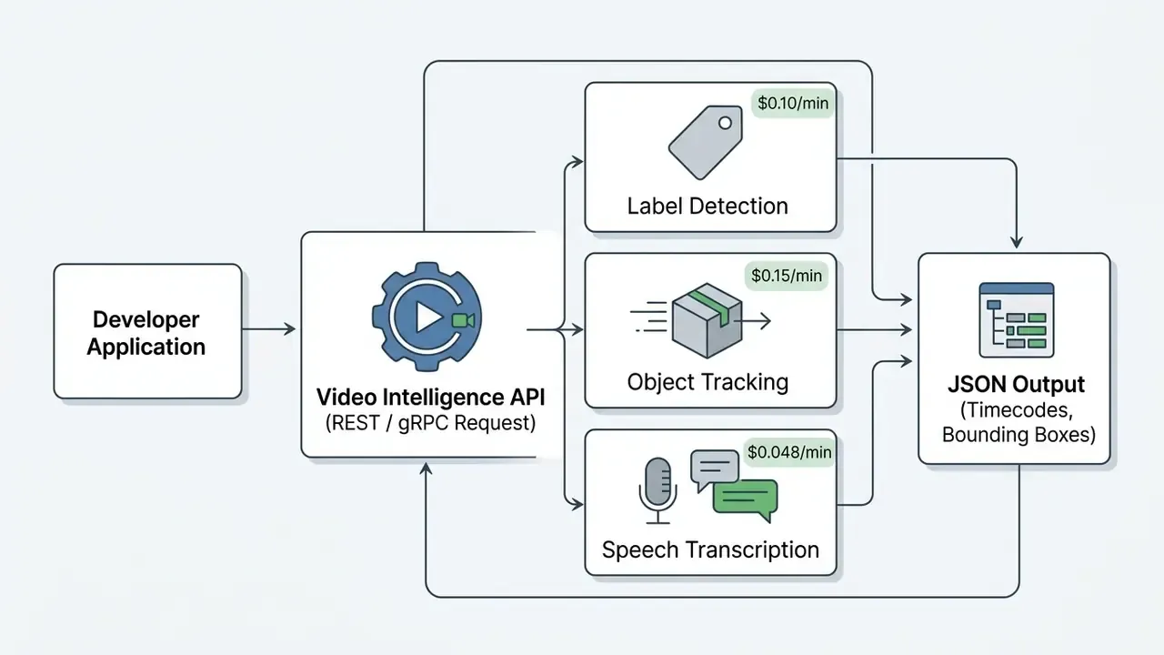 Developer application request processing through Video Intelligence API into structured JSON output