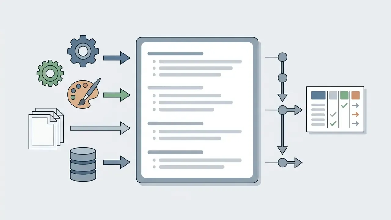 Icons representing data inputs feeding into a central document and a final compliance checklist table
