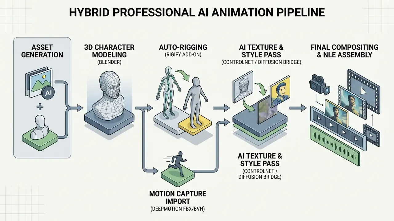 Workflow diagram showing steps from asset generation and 3D modeling to motion capture and final assembly
