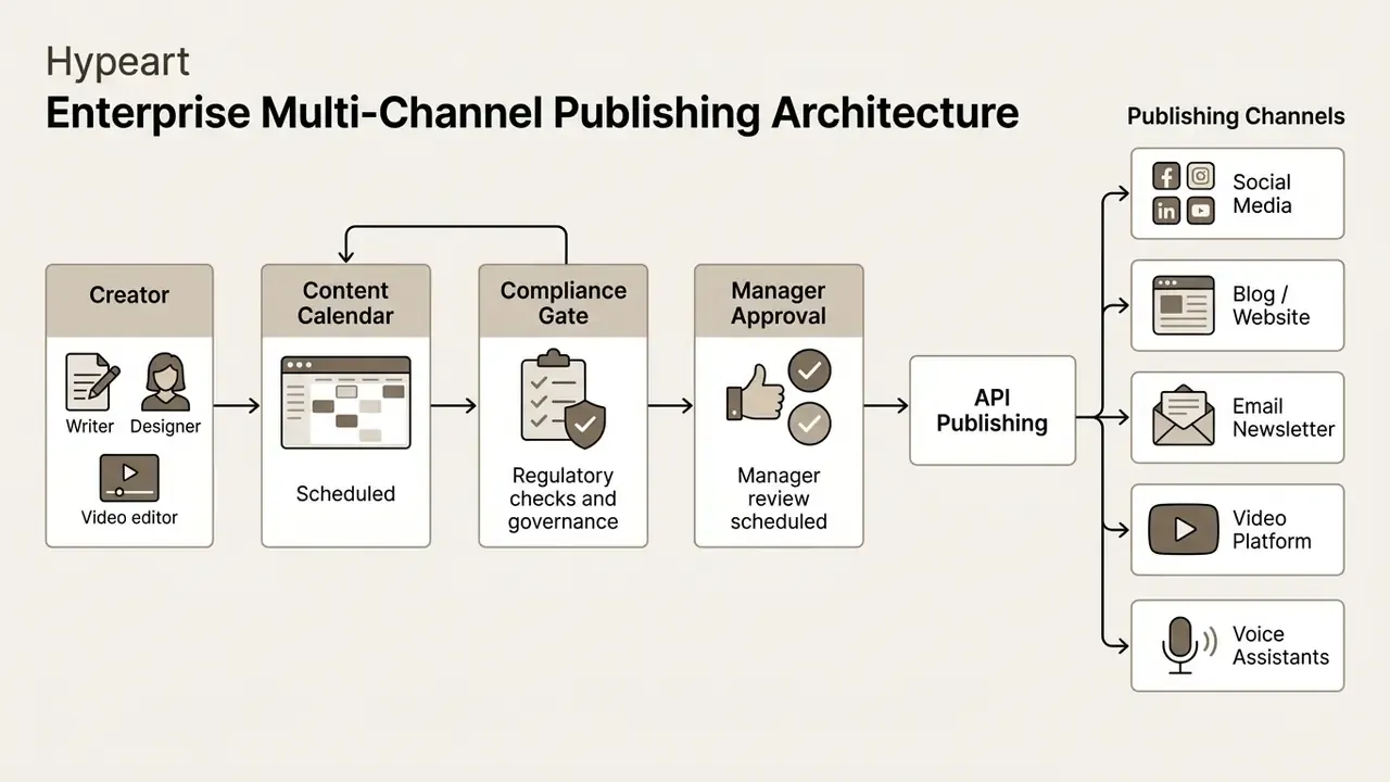Diagram showing a multi-channel publishing workflow from content creation through approval and API distribution