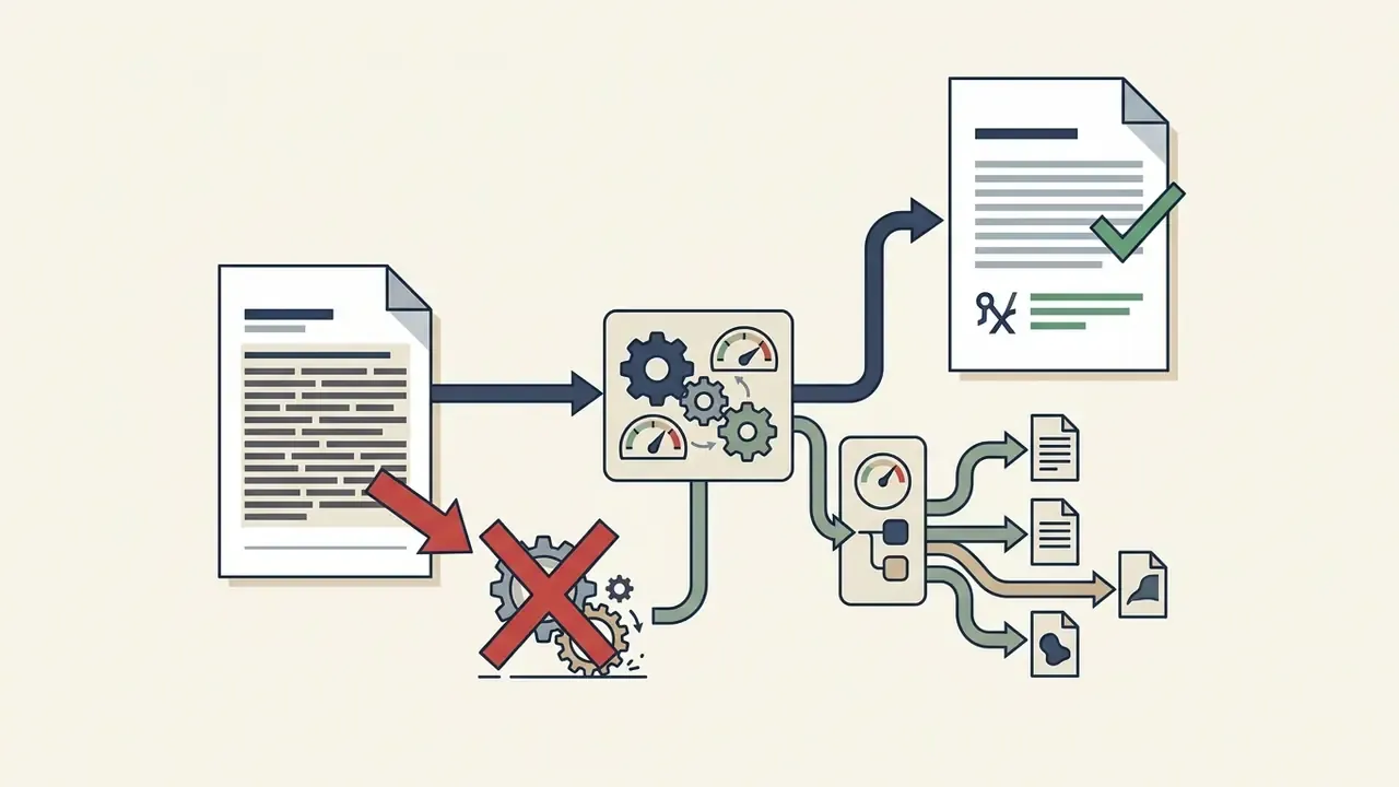 Text pages flowing through gears and gauges to be filtered, corrected, and output as multiple refined files