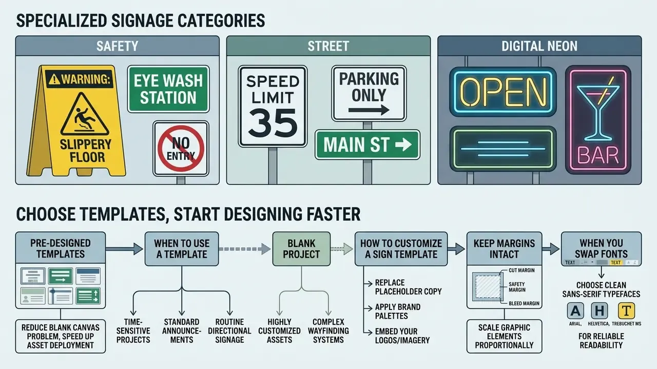 Flowchart illustrating how a free sign maker simplifies design through templates and customization steps