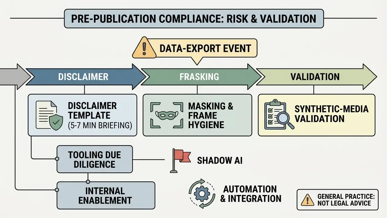 Flowchart detailing pre-publication compliance steps including disclaimer, masking, and validation processes