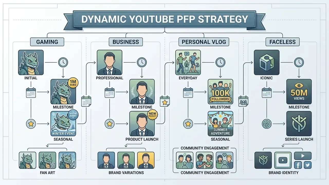Flowchart mapping profile image updates across gaming, business, vlog, and faceless channel niches