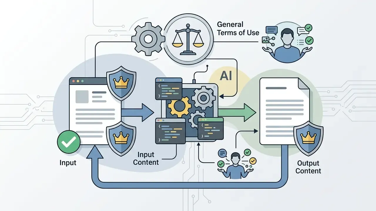 System showing input and output content flows connected to legal terms and user ownership icons