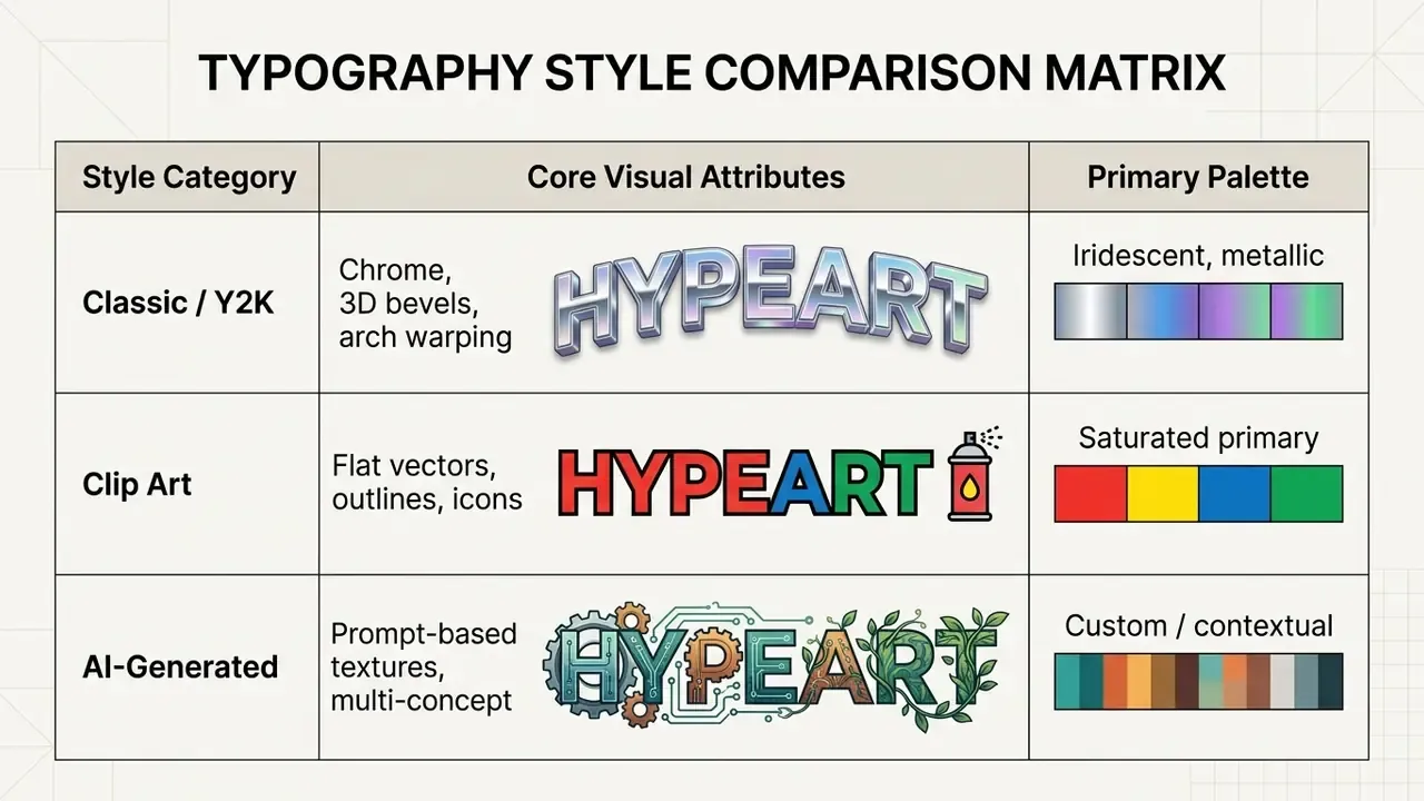 Comparison matrix table detailing visual attributes and color palettes for classic, clip art, and AI text