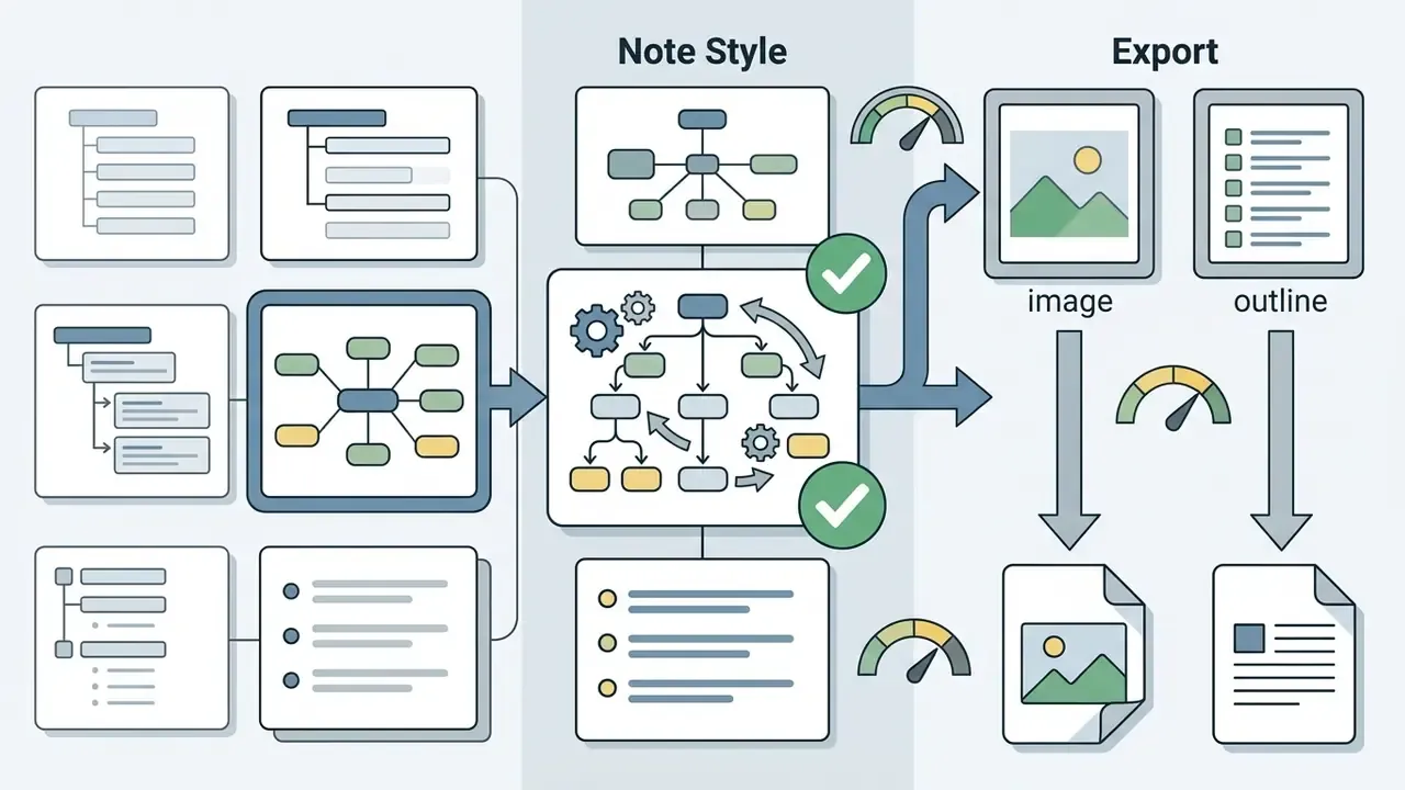 Diagram showing hierarchical concept maps being processed and exported as image or outline files