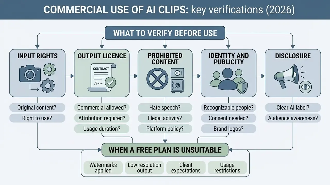 Checklist flowchart outlining legal and ethical considerations for the commercial use of AI video clips