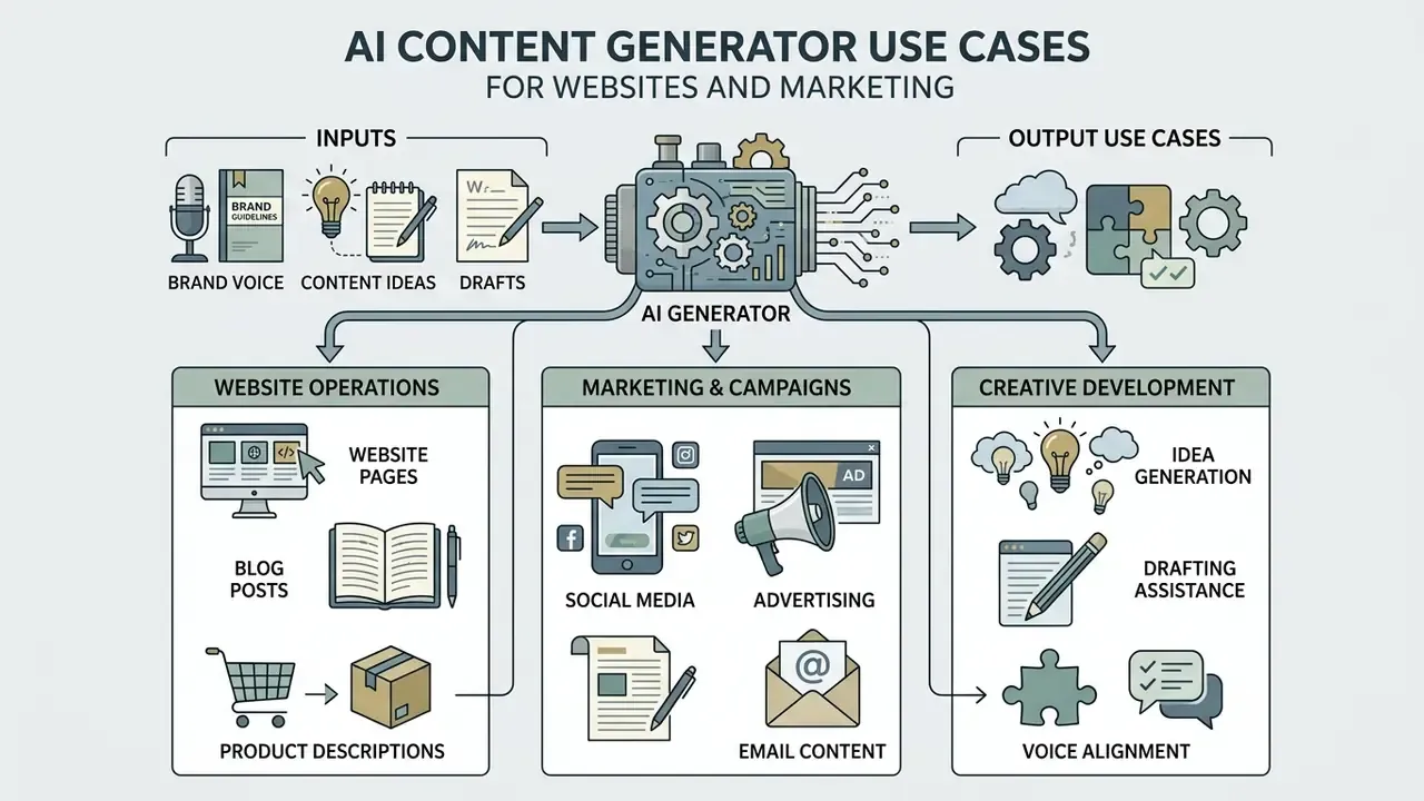 Diagram showing an AI generator processing inputs into website operations, marketing, and creative tasks