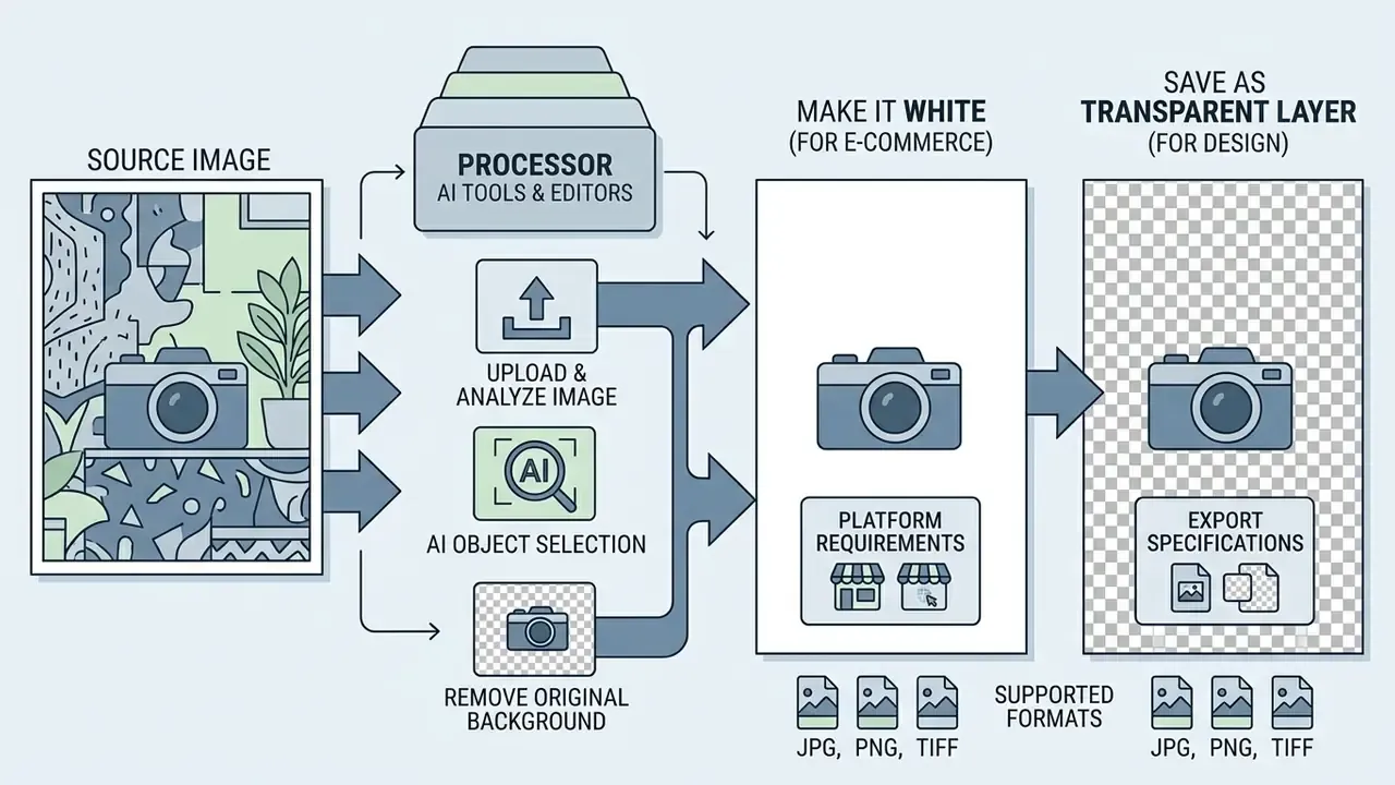 Diagram showing how to change a background on a picture using AI processing for e-commerce or design