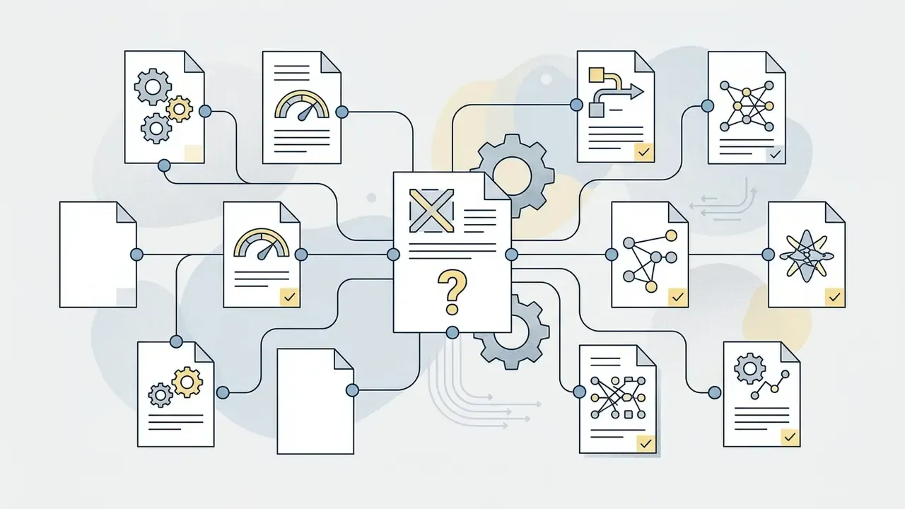 Network of document icons connected by lines and gears to represent the collaborative research behind AI