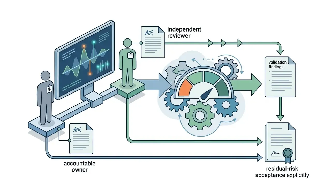 Accountable owner and independent reviewer roles interacting with a processing gear and risk documents