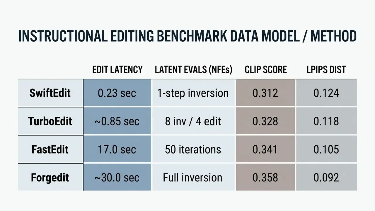 Data grid comparing performance metrics like latency and evaluation scores across four editing models