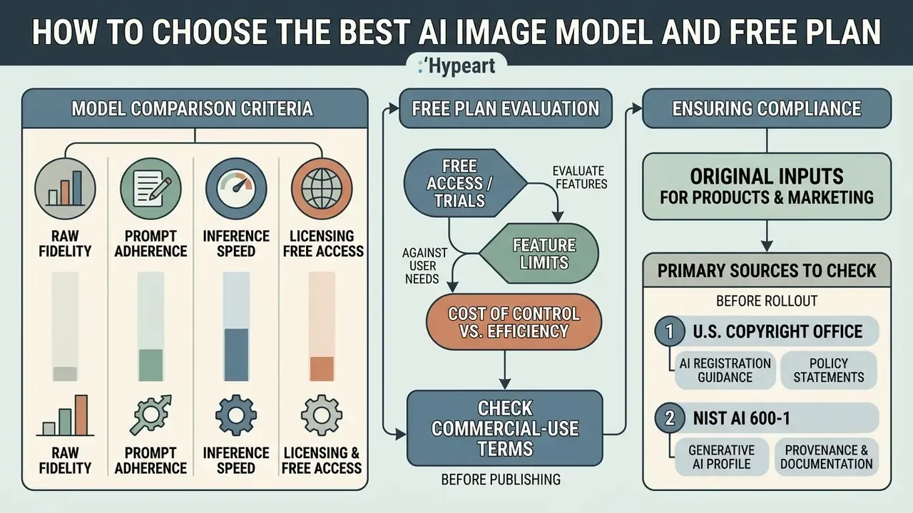 Flowchart comparing model criteria, free plan evaluation steps, and regulatory compliance sources