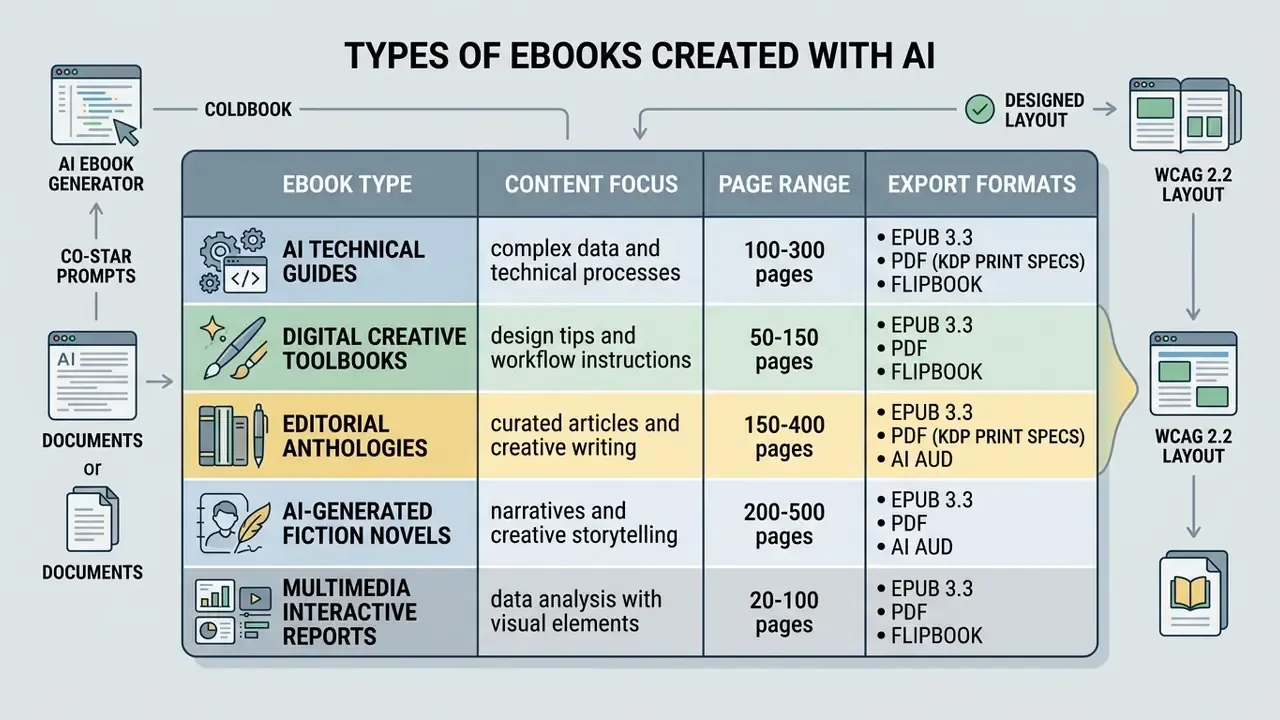 Comparison table detailing page counts and export formats for various AI ebook categories
