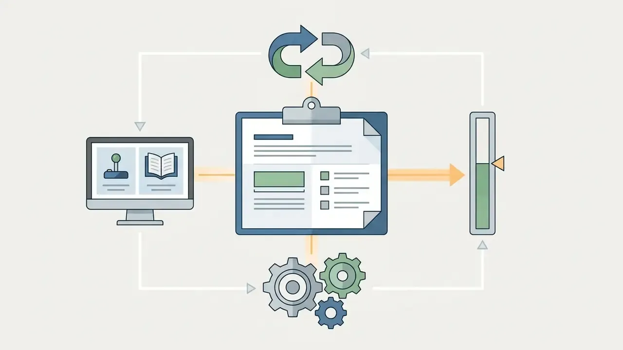 Цикличный процесс подготовки контента с монитором, планшетом для записей, шкалой прогресса и шестернями