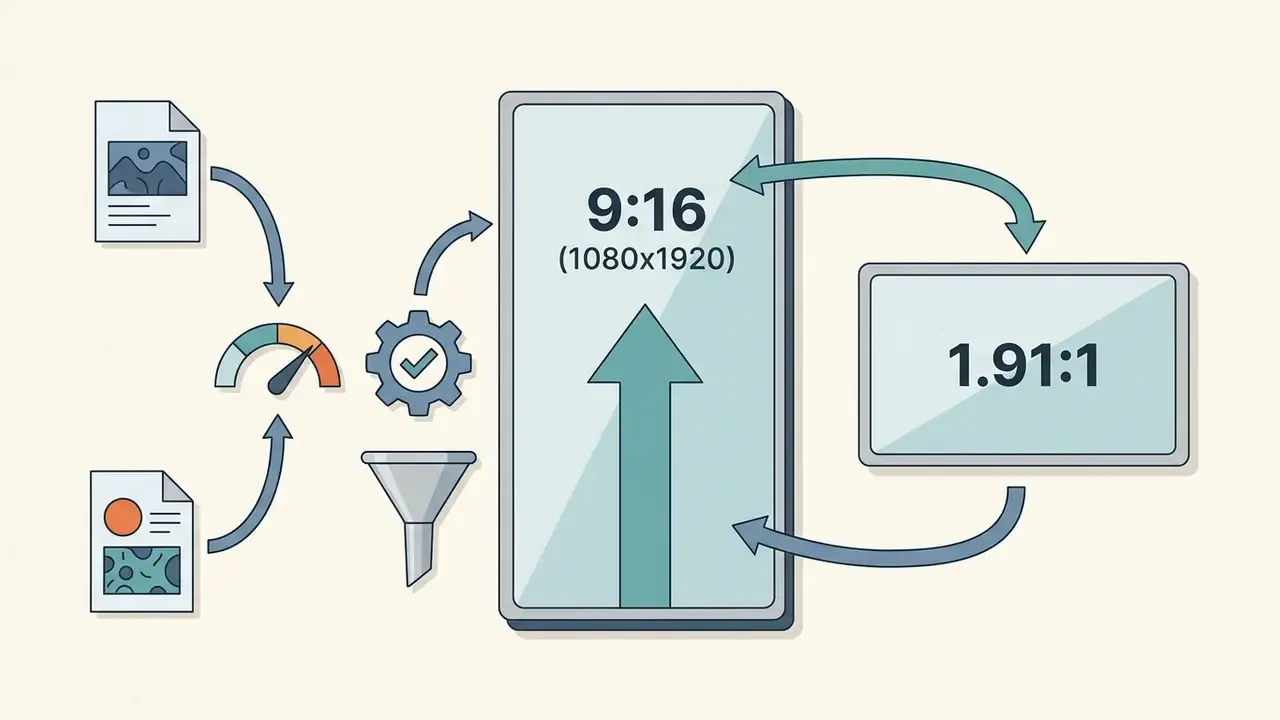 Smartphone and tablet screens showing aspect ratio conversion options for social media video content