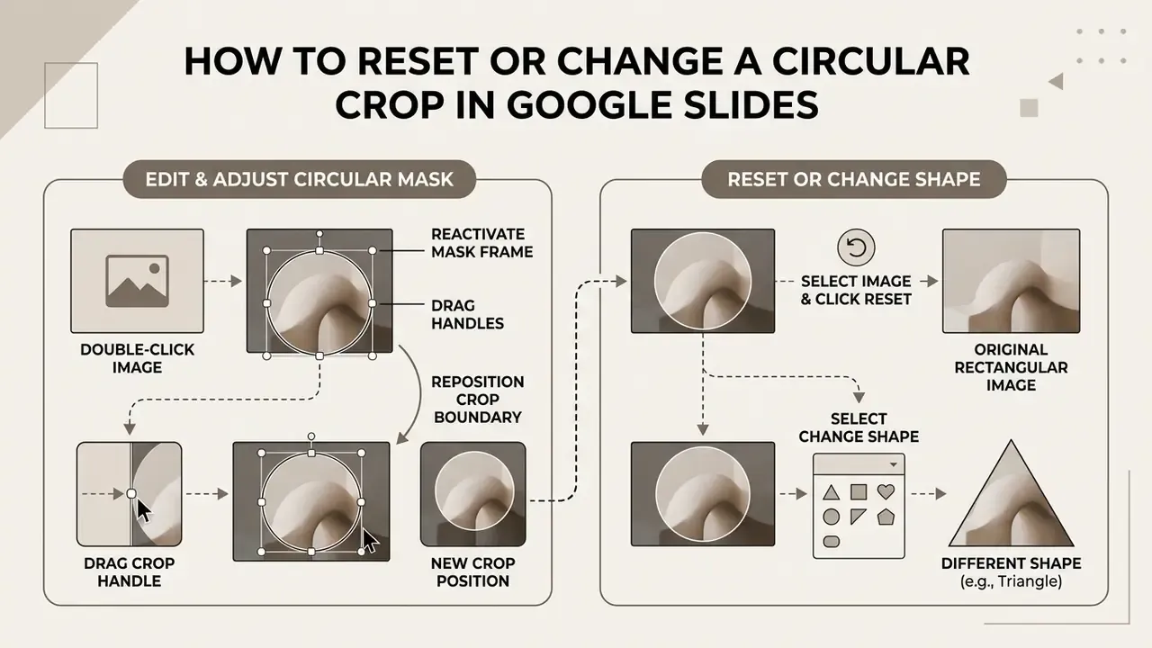 Flowchart demonstrating how to adjust, reset, or change the shape of a masked image in Google Slides