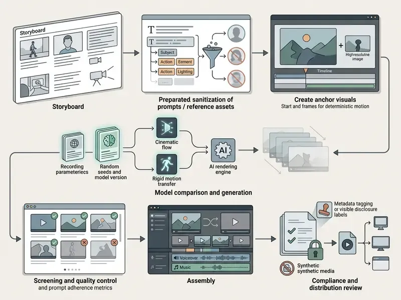 Process steps for AI video production from storyboarding and prompt sanitization to final compliance review