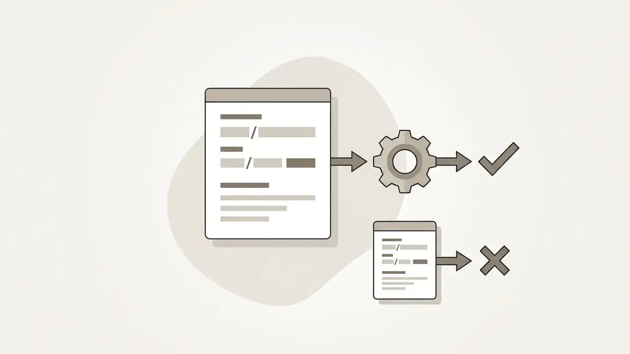Visual representation of a valid URL being processed through a system versus an invalid URL being rejected