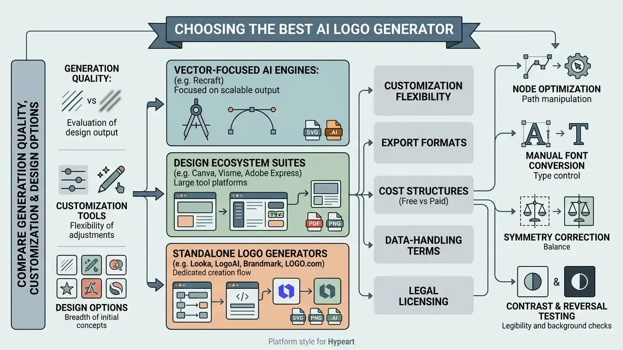 Categorization of AI logo generator types alongside key evaluation criteria for selecting a platform