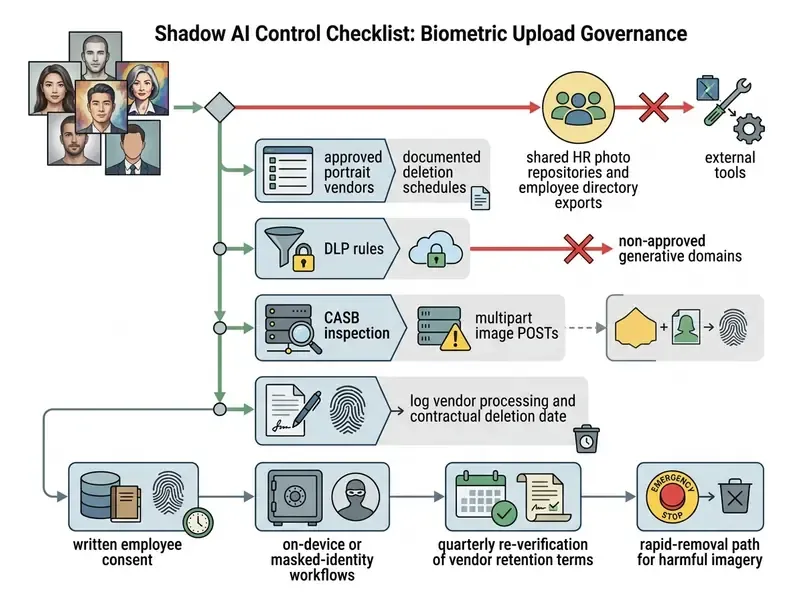 Process map outlining governance steps for managing biometric data and preventing unauthorized AI uploads