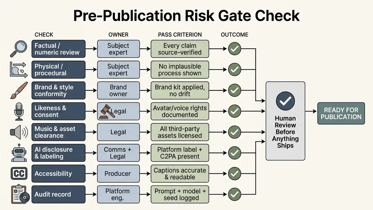 Checklist flow mapping review tasks to owners and pass criteria before final human approval for publication