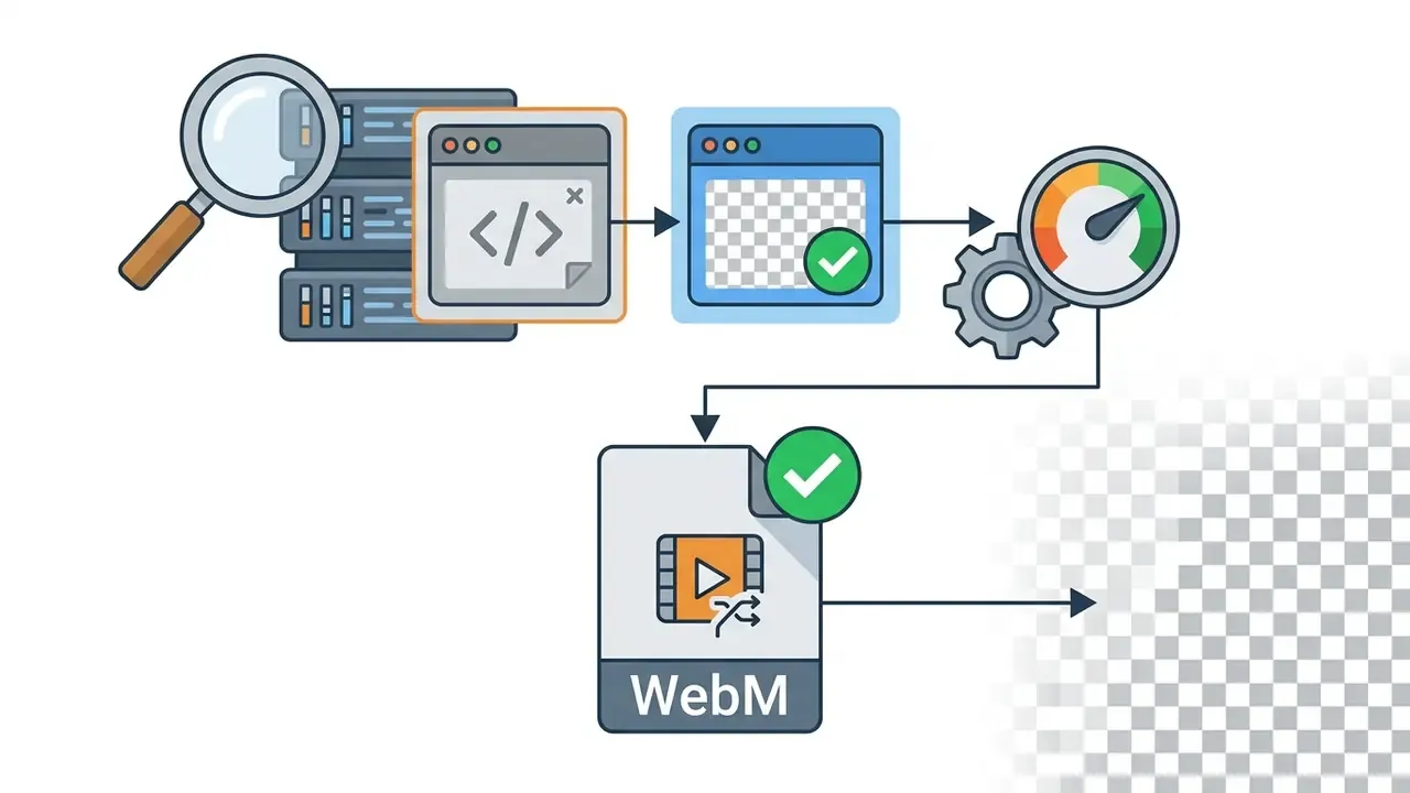 Technical workflow showing code inspection and verification of transparent WebM video export settings