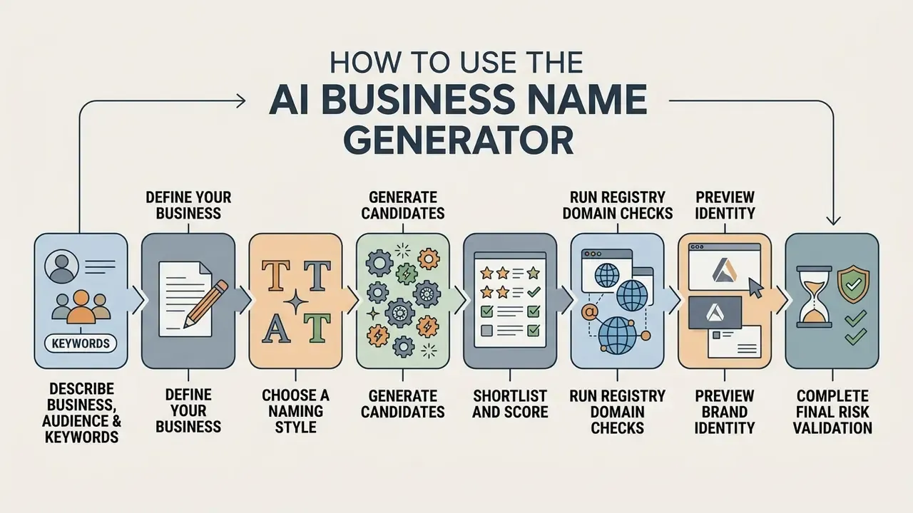 Flowchart showing the AI business name generator process from initial description to final validation